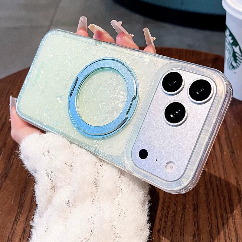 Gilded shell pattern stand for iPhone 17 Pro Max phone case, new iPhone 16 gradient gradient gradient with built-in pearlescent glitter protective cover, 15 Pro stand case, Phone accessories