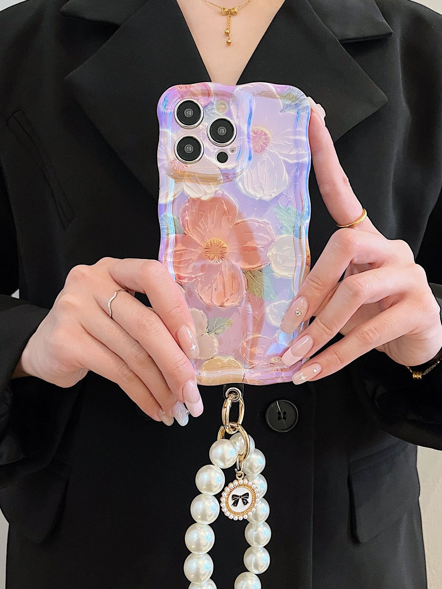 Accessories for iphone14promax mobile phone case Apple 13 Hyunya wind blue light oil painting flower 12 premium sense 11