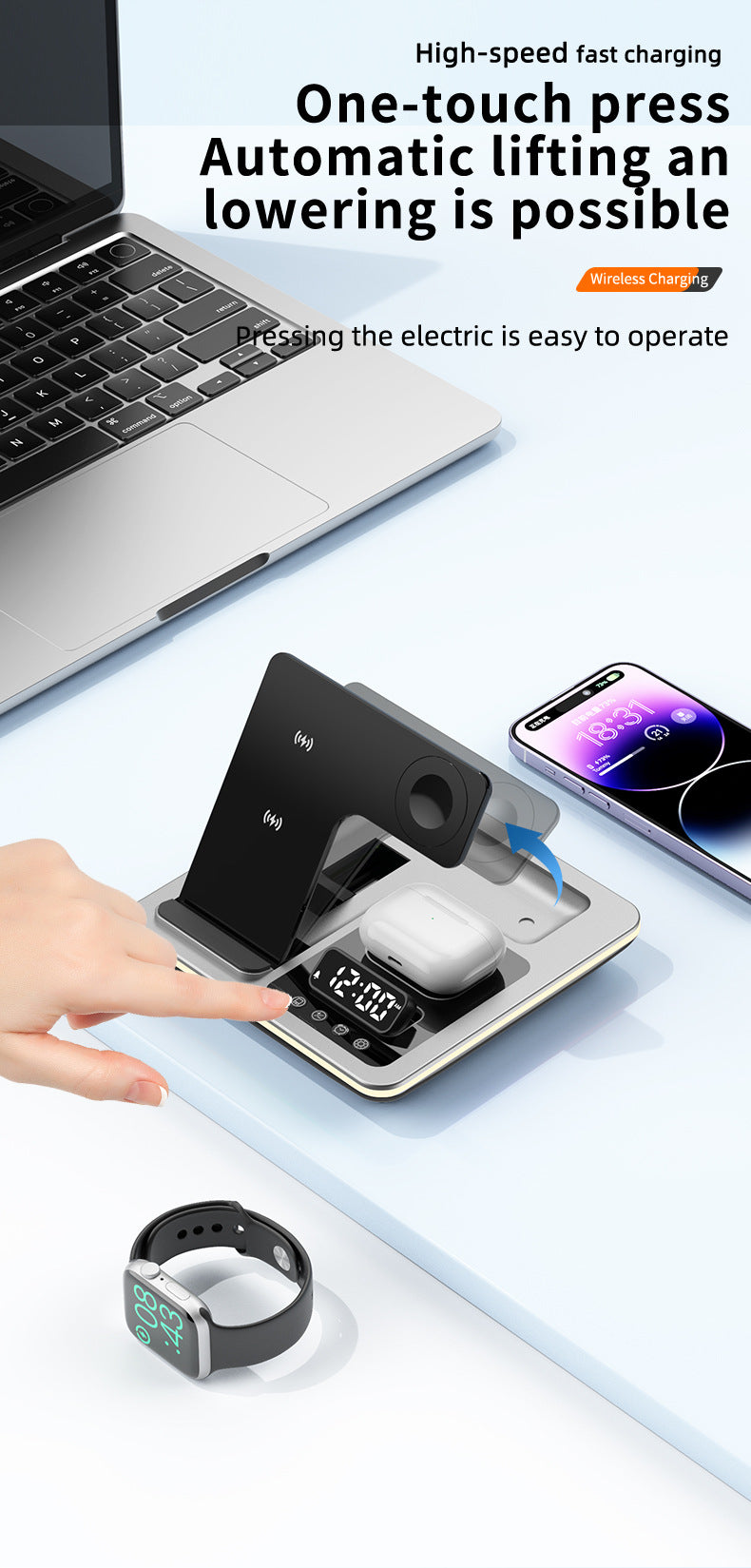 Popular folding three-in-one wireless charger, desktop mobile phone holder, multi-function clock digital display wireless charging