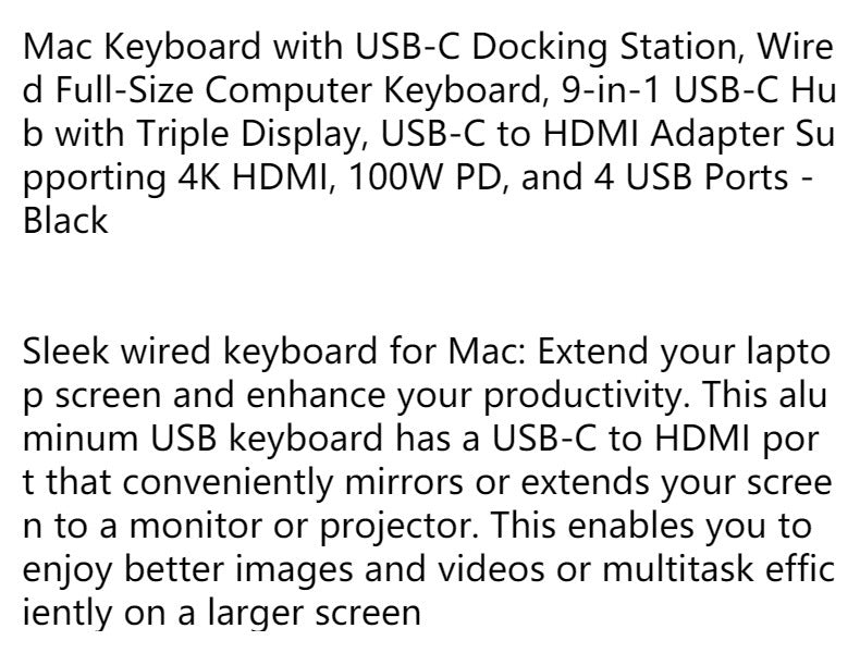 9-In-1 USB-C keyboard supports 4K HDMI Full size for Apple Android windows Keyboard Accessories