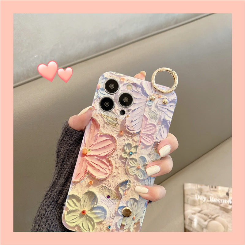 Accessories (Shipping fee not included) Applicable to iphone14promax mobile phone case Apple 13 oil painting flower wristband 11 blue light dot diamond 12 Korean women's models