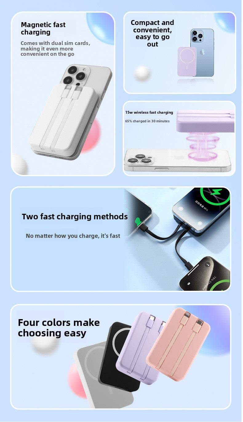 Magnetic wireless MagSafe power bank, large capacity, self-contained cable, fast charging mobile power supply.