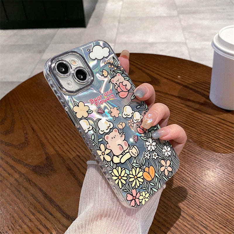 Accessories Cartoon Water Ripple Flower Bear Applicable to iPhone15 Mobile Phone Case Apple 14promax Lens Film 13pro