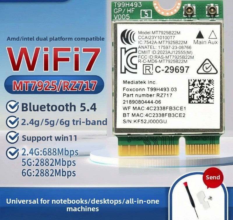 Wifi card for MT7922/MT7925/MT7902 WiFi6 WiFi6E MediaTek AW-XB604NF MT7921K MT7927 MT7922A22M MT7902 MT7925B22M RZ616 RZ608 RZ717 RZ608 0C011-00300100 0R5DHJ Wireless network interface card Bluetooth 5.4 Laptop Desktop AMD