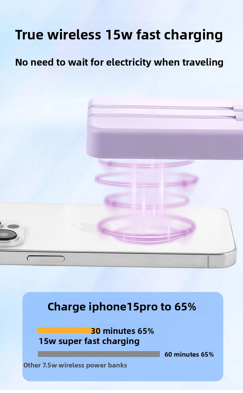 Magnetic wireless MagSafe power bank, large capacity, self-contained cable, fast charging mobile power supply.
