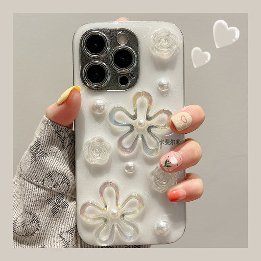 Accessories for cream Epoxy three-dimensional pearl flower bracelet iphone14pro max mobile phone case Apple 15 new model