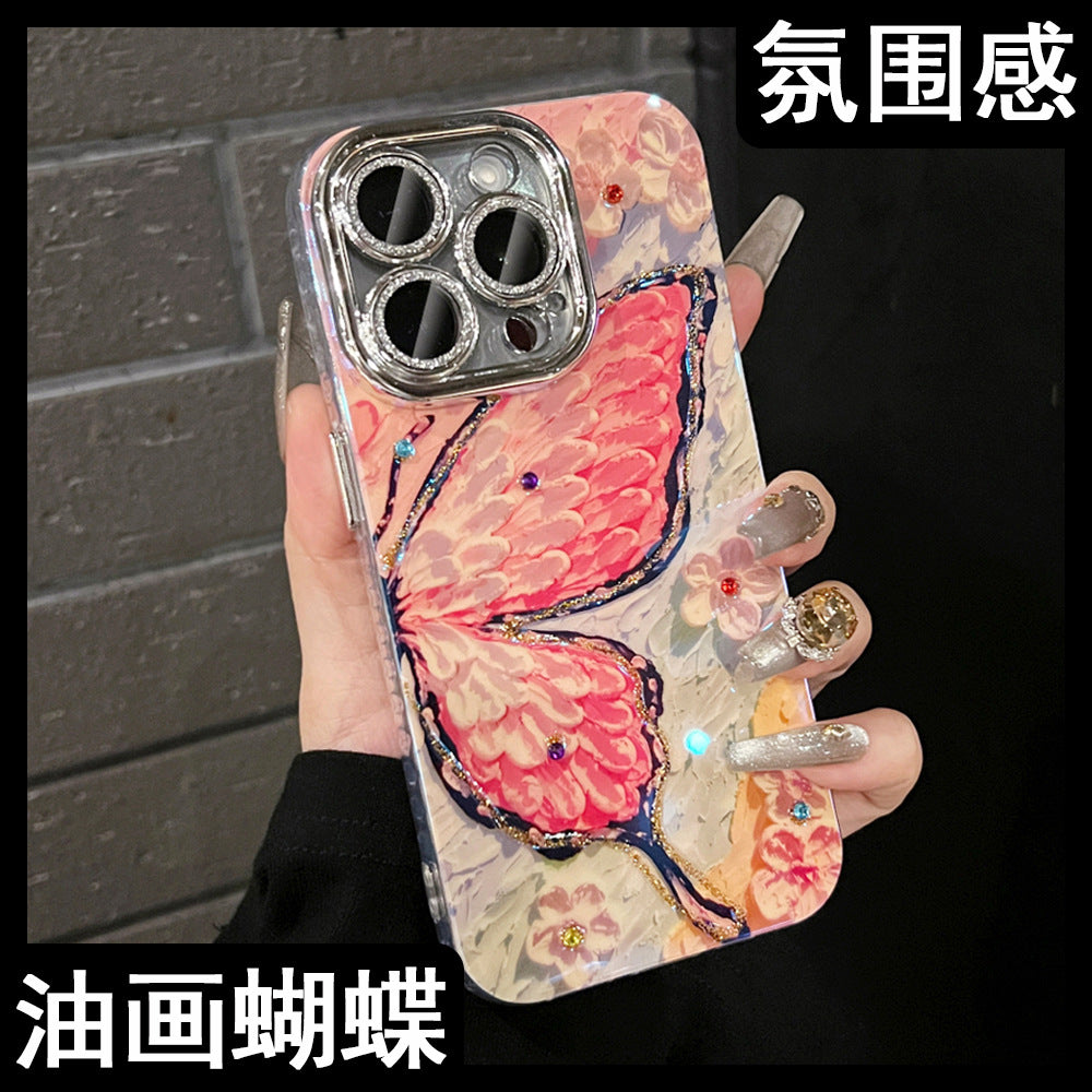 Accessories Oil Painting Butterfly Dot Drill High-end Luxury Applicable Apple 15promax Mobile Phone Case iPhone13 New 14Pro