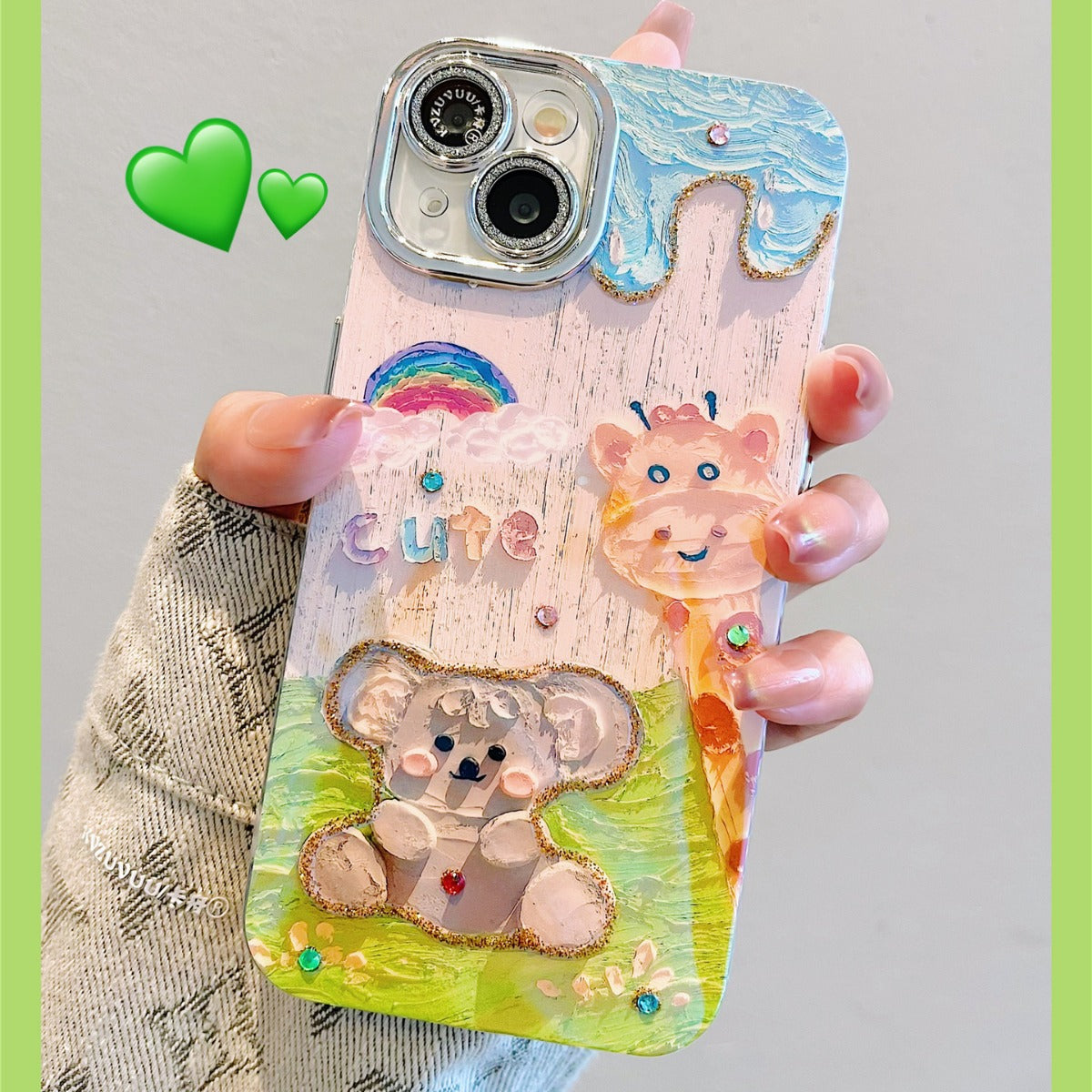 Accessories for iPhone 15 mobile phone case iphone14promax oil painting giraffe bear 13 blue light point drill lens film