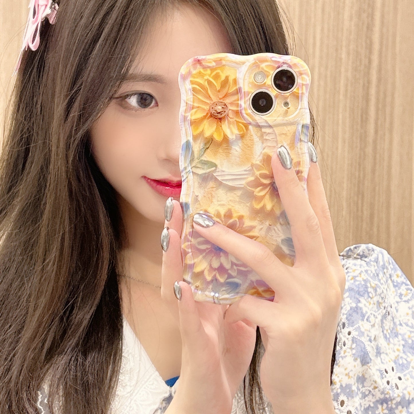 Accessories [Apple] iPhone14/13/12promax Wave Edge Blue Oil Painting Flowers Anti-drop Female New Phone Case