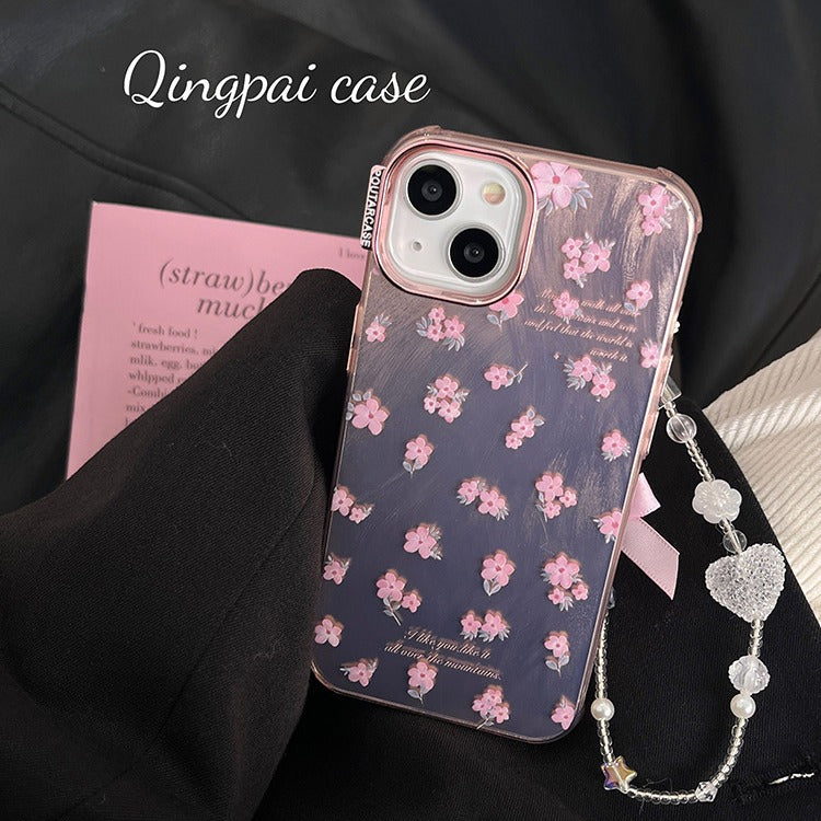 Accessories electroplated ins pink flower chain for iPhone15Pro mobile phone case Apple 14 new 13 women's 12 trendy