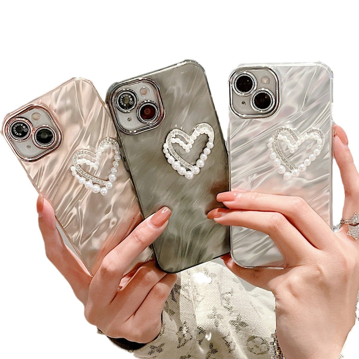 Accessories for Apple 15 mobile phone case iphone14promax three-dimensional ah pearl love bracelet 13 glitter lens 12