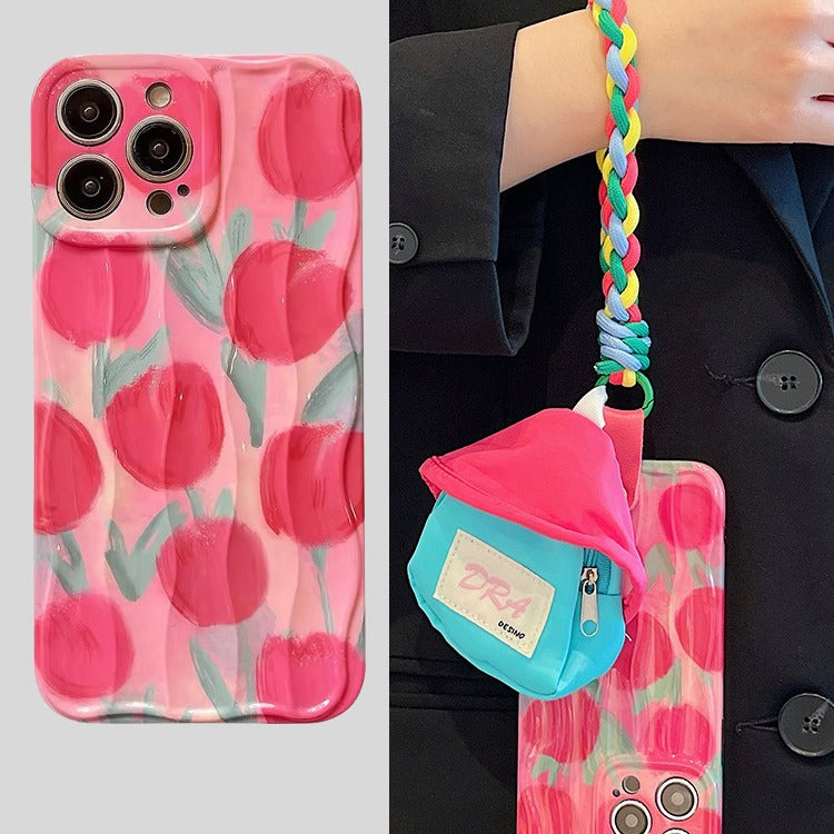 Accessories for Apple 15promax mobile phone case 13/14 small fresh and beautiful tulip 14promax messenger lanyard