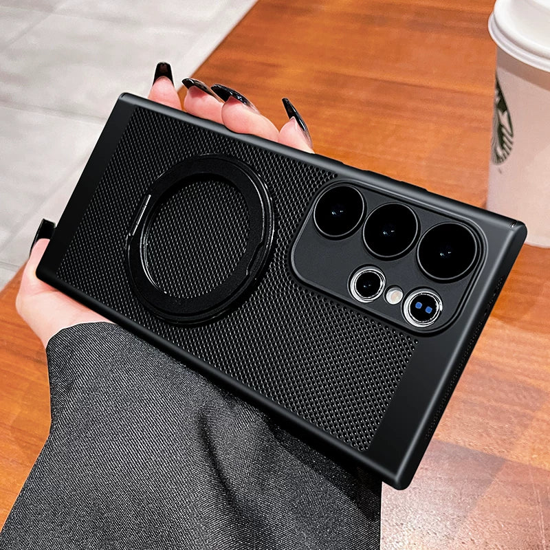 For Samsung s25ultra mobile phone case s24 + new 360 magnetic bracket s23 ultra-thin s22 protective case por anti-drop note all-inclusive heat dissipation black MagSafe men's and women's summer hard case Phone accessories