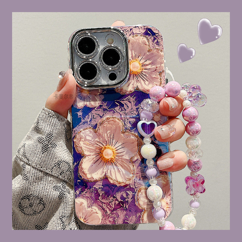 Accessories for premium blue light oil painting pearl flower chain iphone15pro max mobile phone case apple 14 new