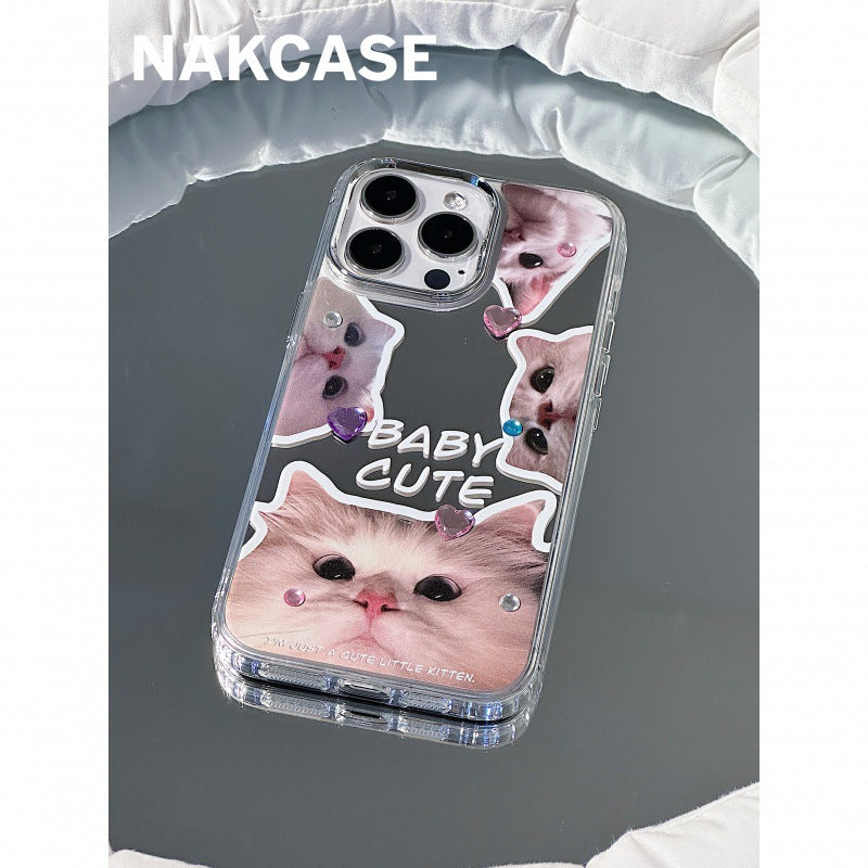 Accessories ins cute pet electroplated mirror big face cat apple 14promax/iPhone13/12pr mobile phone case