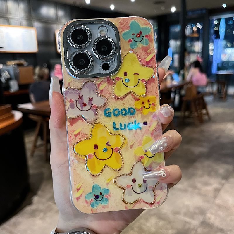 Accessories are suitable for Apple series iPhone15 new shell, cute smudge powder, multiple smiley faces, all-inclusive stars, anti-drop 14 tide