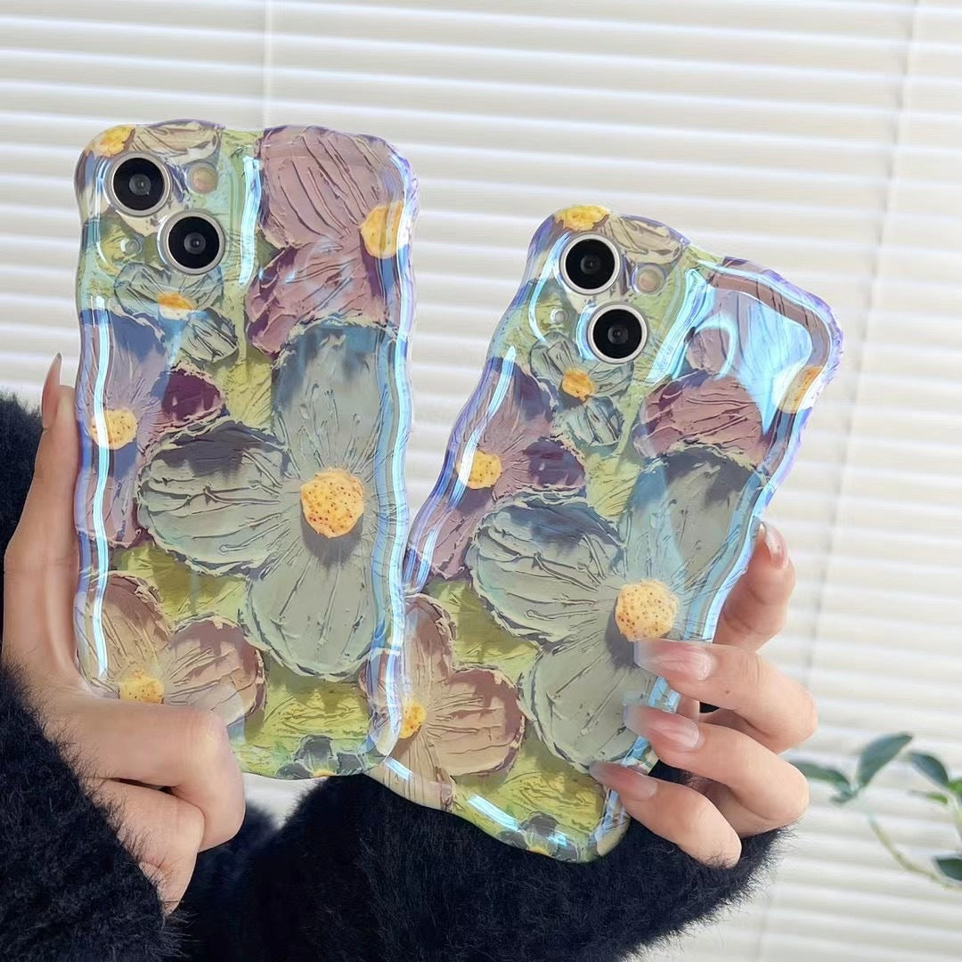 Accessories [Apple] iPhone15Pro Apple 14 anti-drop ins Blu-ray retro oil painting flower new female phone case