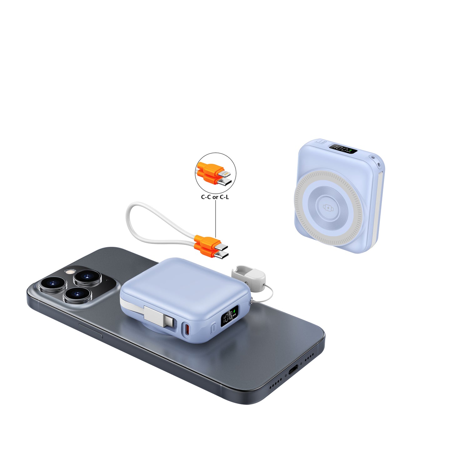 3-in-1 fast charging mobile power supply for mobile phones, earphones, watches, 10,000 mAh with cable, magnetic power bank.