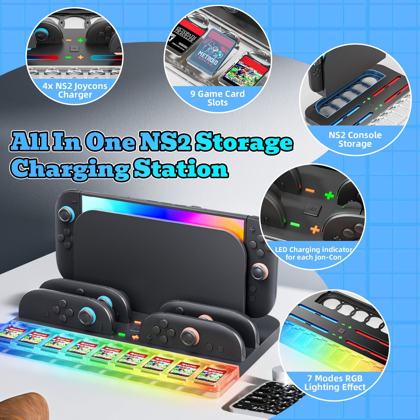 New SWITCH2 storage seat charger, host handle card storage NS2 RGB glare light handle fast charging