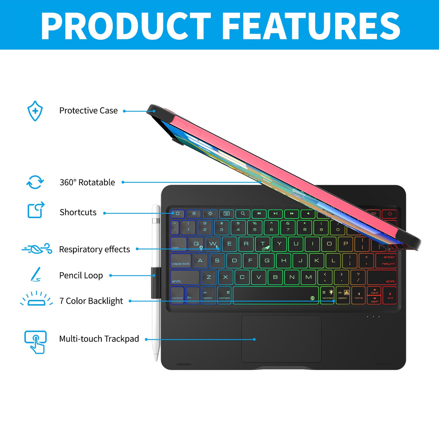 Bluetooth keyboard case for iPad 10th generation 360 degree rotation with multi-color backlight multi-touch protective Accessories