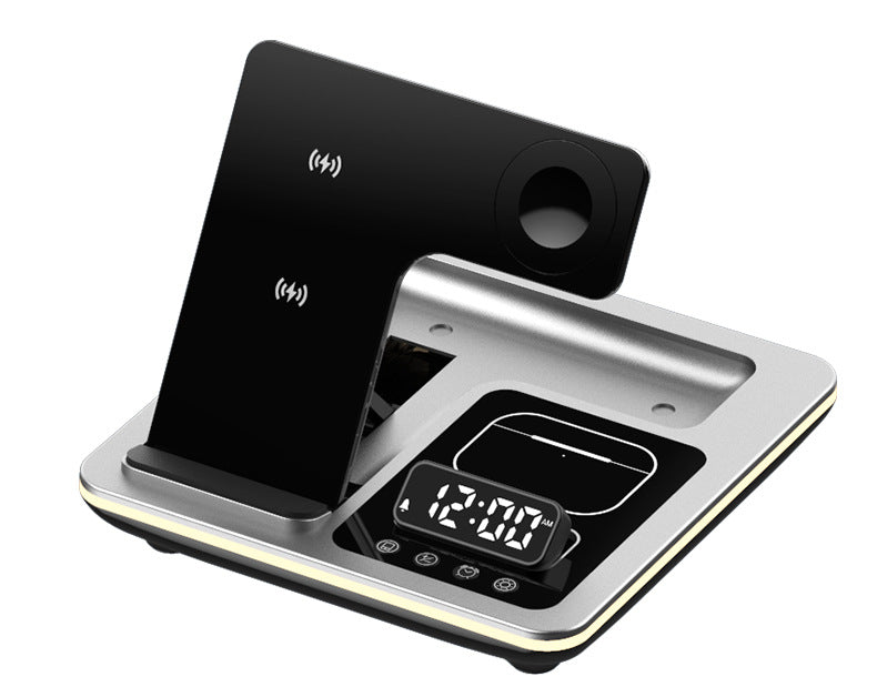 Popular folding three-in-one wireless charger, desktop mobile phone holder, multi-function clock digital display wireless charging