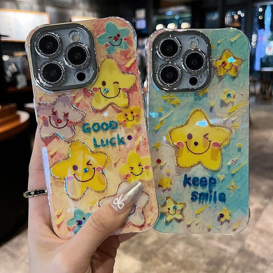 Accessories are suitable for Apple series iPhone15 new shell, cute smudge powder, multiple smiley faces, all-inclusive stars, anti-drop 14 tide