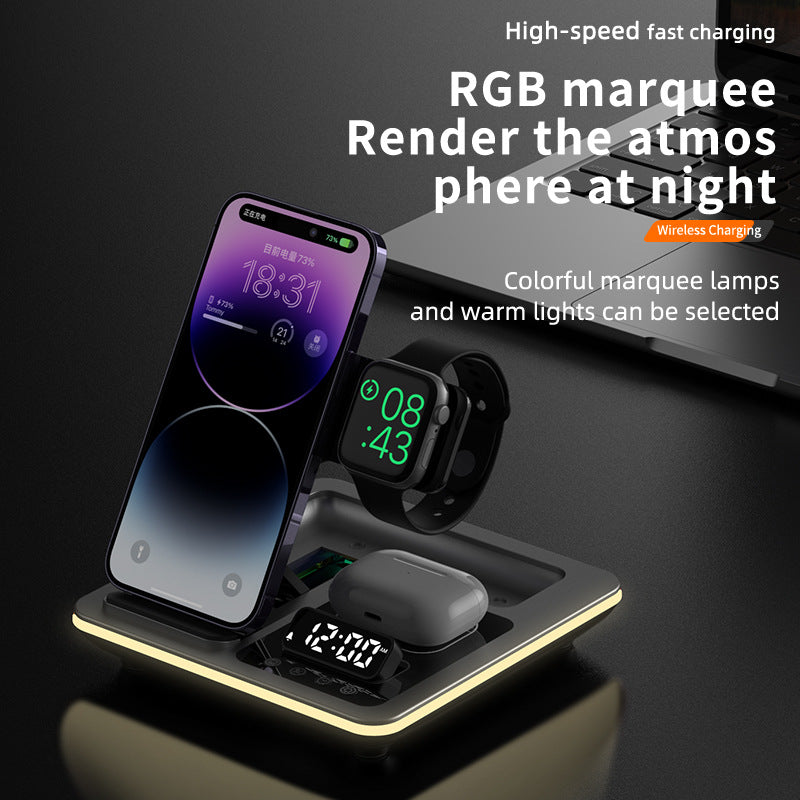 Popular folding three-in-one wireless charger, desktop mobile phone holder, multi-function clock digital display wireless charging