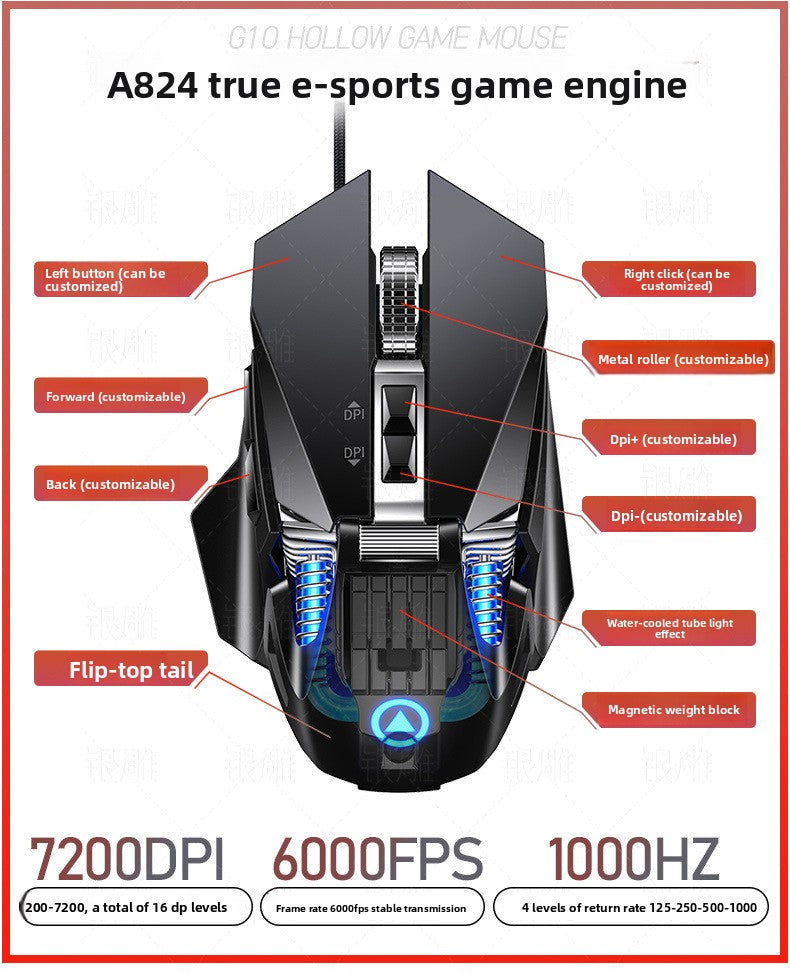 Silver carving G10 e-sports mechanical wired game mouse, macro programming light computer accessories, Yan Xiang who is stained with mud