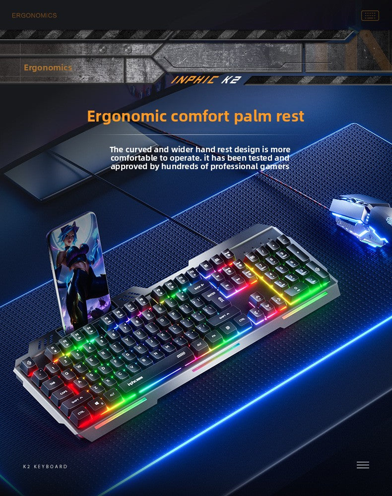 K2 wired keyboard metal panel mechanical feel e-sports game luminous Internet cafe film