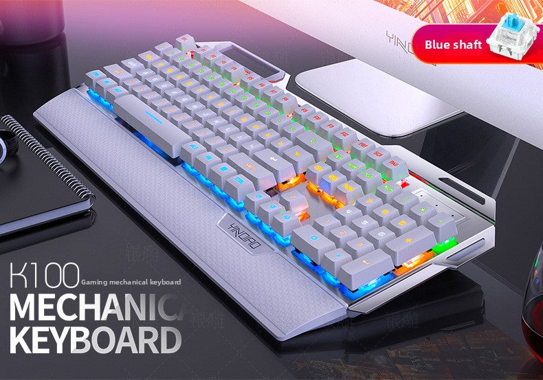 Silver engraving K100 metal real mechanical keyboard, hand rest knob game blue axis wired USB