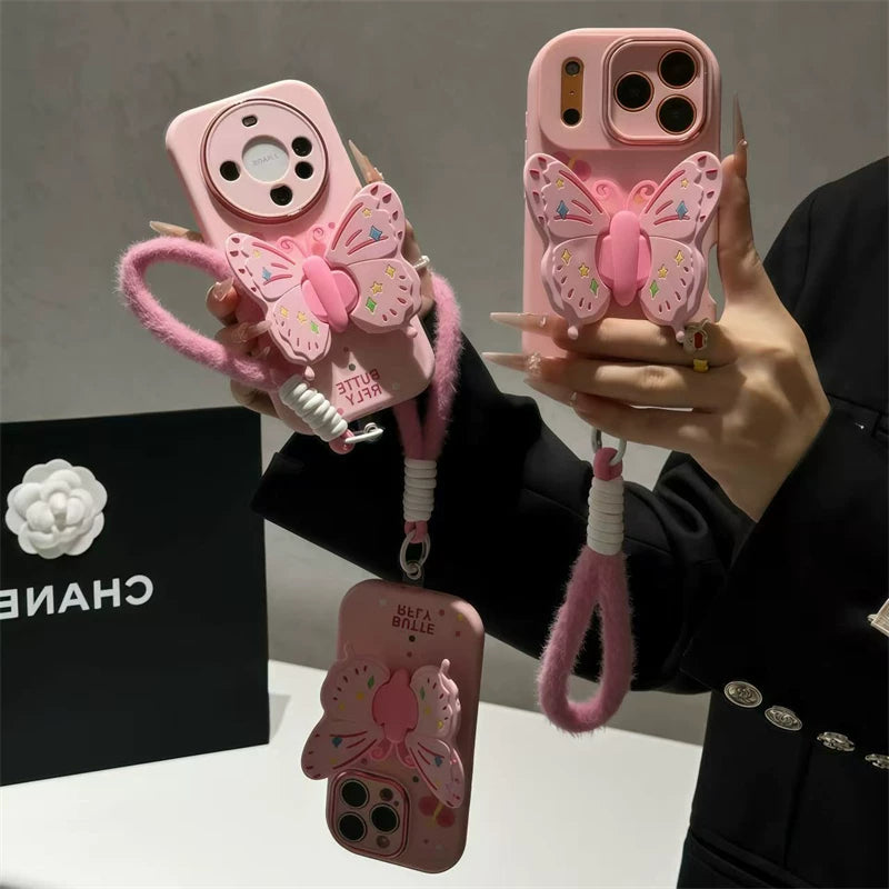 Wonderful pink butterfly for iPhone 17promax plush lanyard mobile phone case 16 huawei mate70 new butterfly bracket OPPO Reno14 metal little fat girl vivos30 millet 15 soft Phone accessories