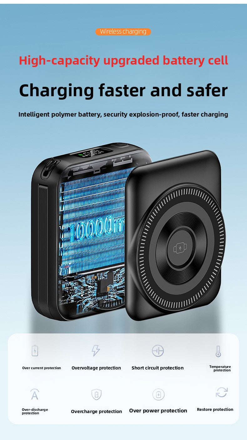 3-in-1 fast charging mobile power supply for mobile phones, earphones, watches, 10,000 mAh with cable, magnetic power bank.