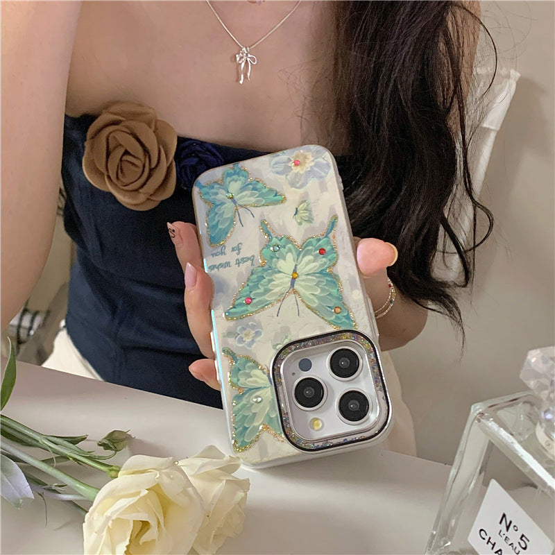 Accessories Blue light green butterfly for iPhone 15 mobile phone case iphone14 Promax glitter color diamond lens ring 15plu