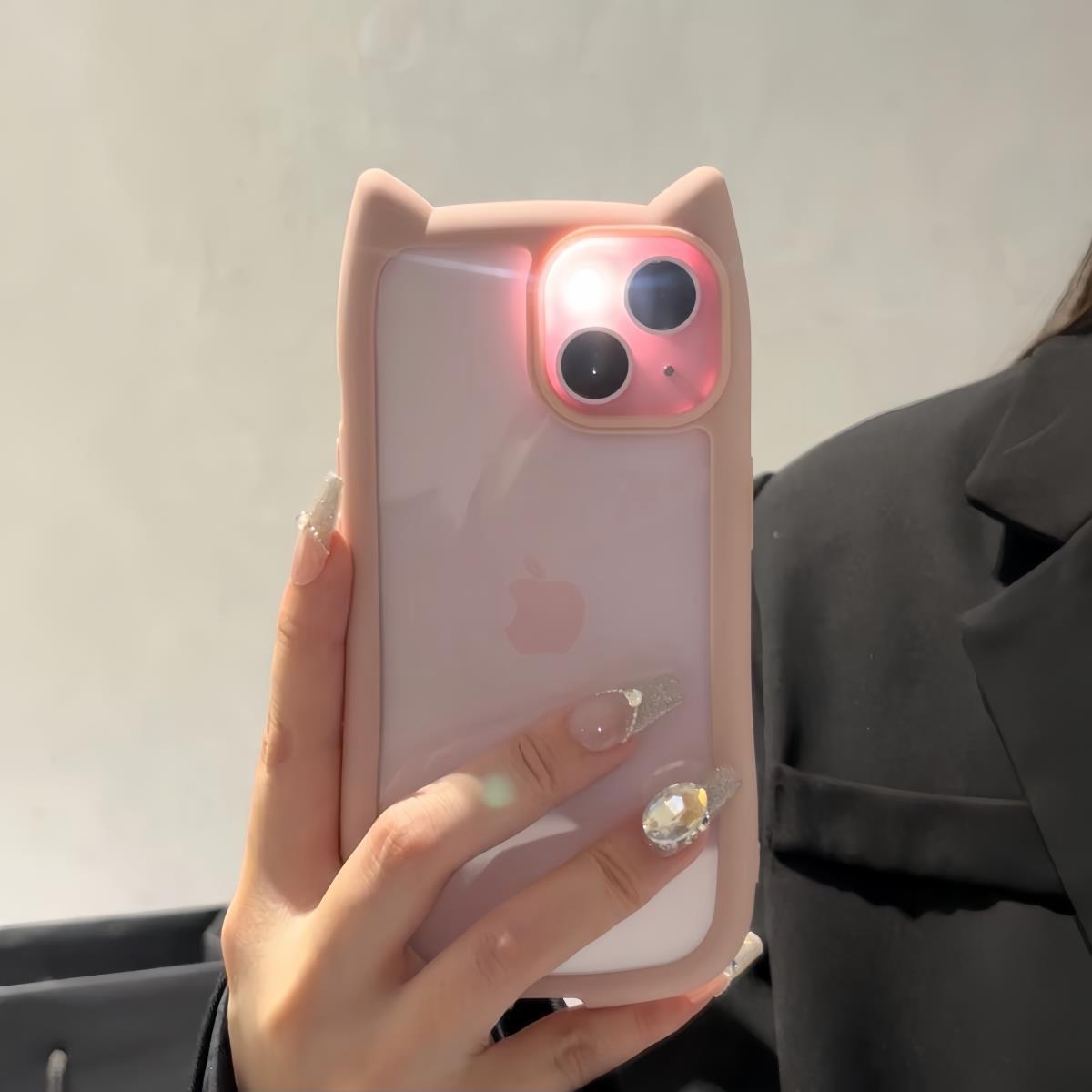 Accessories Niche three-dimensional cat ear transparent Apple 15promax mobile phone case iPhone14 new 13 girlfriends 12 sets 11