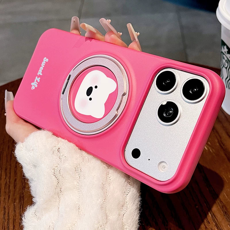 Cartoon small animal fulcrum shell for iPhone 17promax mobile phone case new iPhone16 large hole lens frame with 360 ° rotating bracket 15pro women's cute shell Phone accessories