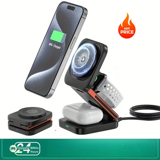 New multi-functional desktop vertical folding three-in-one wireless charging 15W magnetic mobile phone holder wireless charger