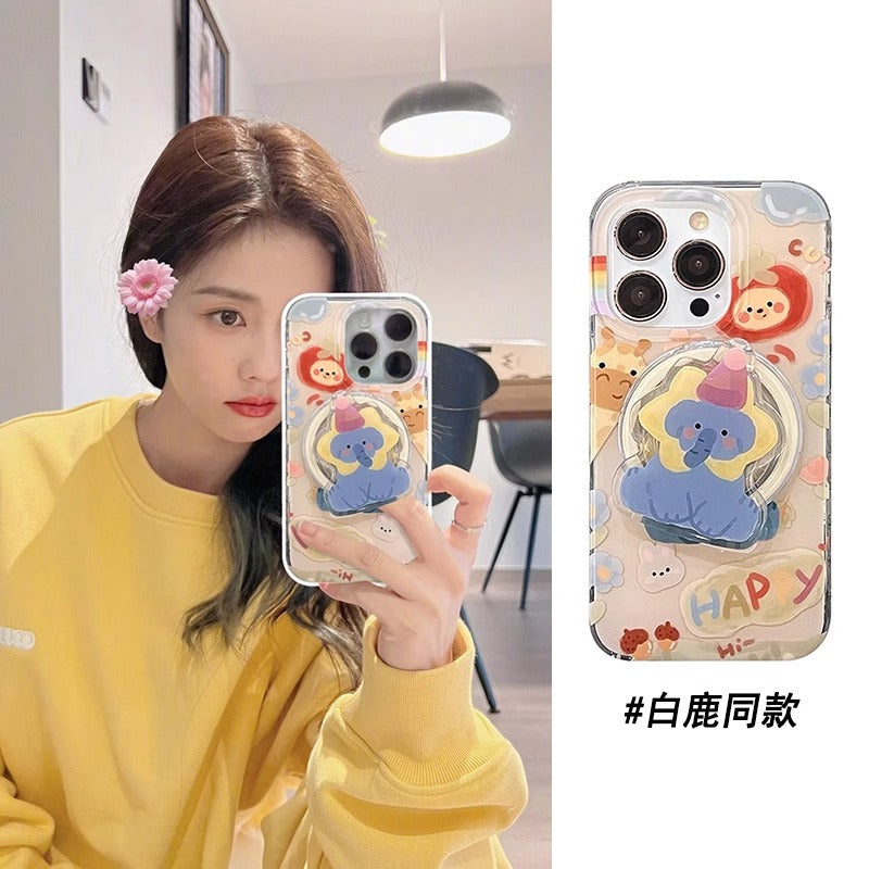 Accessories for Apple 15 mobile phone case iphone14promax white deer with the same blue elephant magnetic suction bracket 13 fun