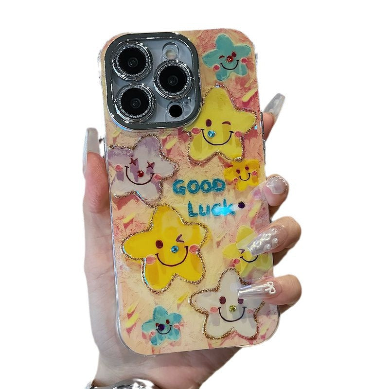 Accessories are suitable for Apple series iPhone15 new shell, cute smudge powder, multiple smiley faces, all-inclusive stars, anti-drop 14 tide