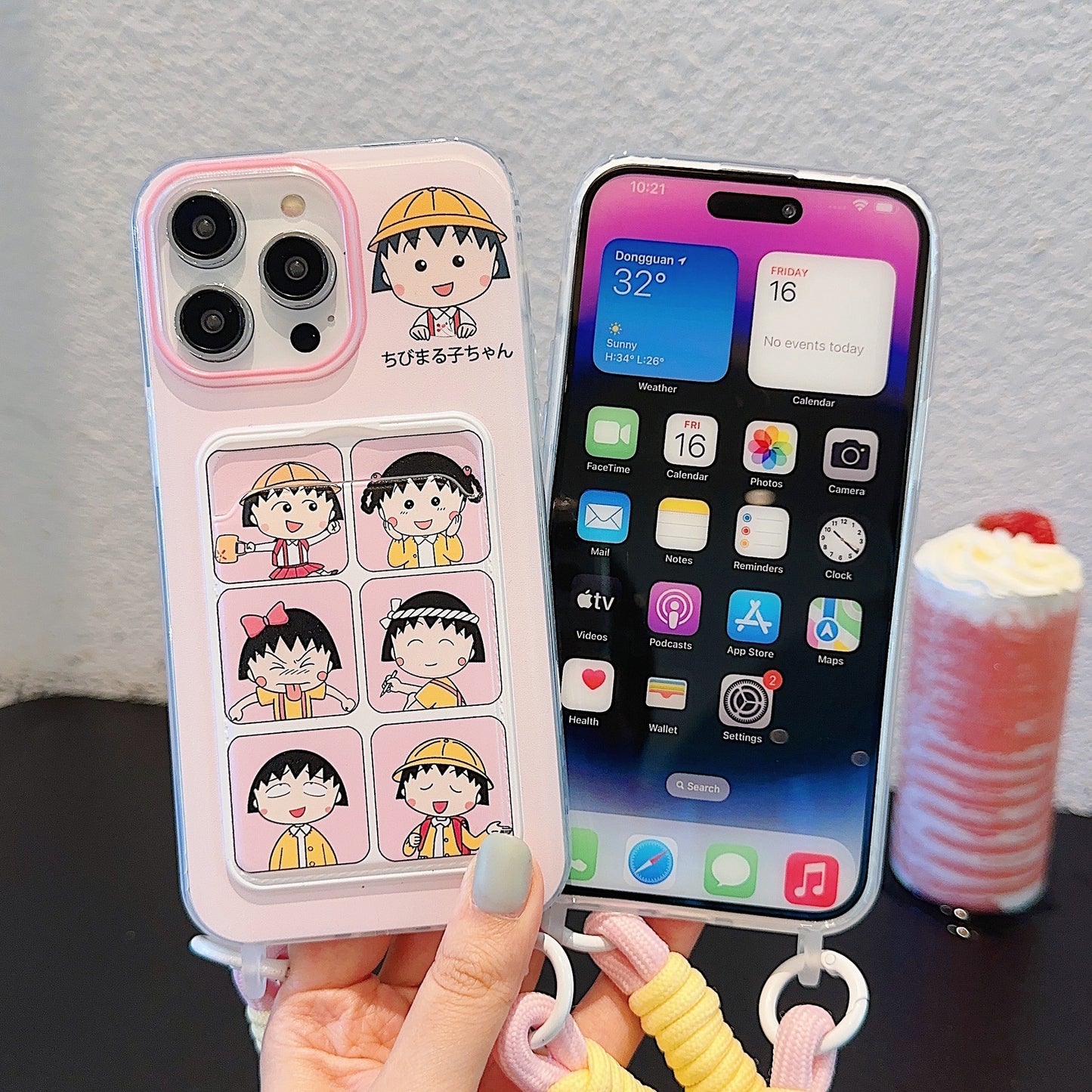 Accessories for Apple 15iPhone14Pro cute 13promax cartoon card bag lanyard cherry balls soft shell