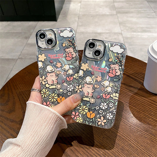 Accessories Cartoon Water Ripple Flower Bear Applicable to iPhone15 Mobile Phone Case Apple 14promax Lens Film 13pro