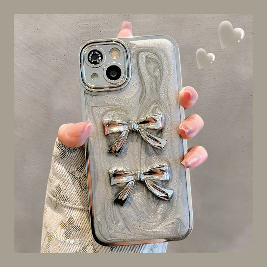 Accessories for Apple 14 mobile phone case iphone15promax three-dimensional electroplating bow 13 simple ins wind 12 tide