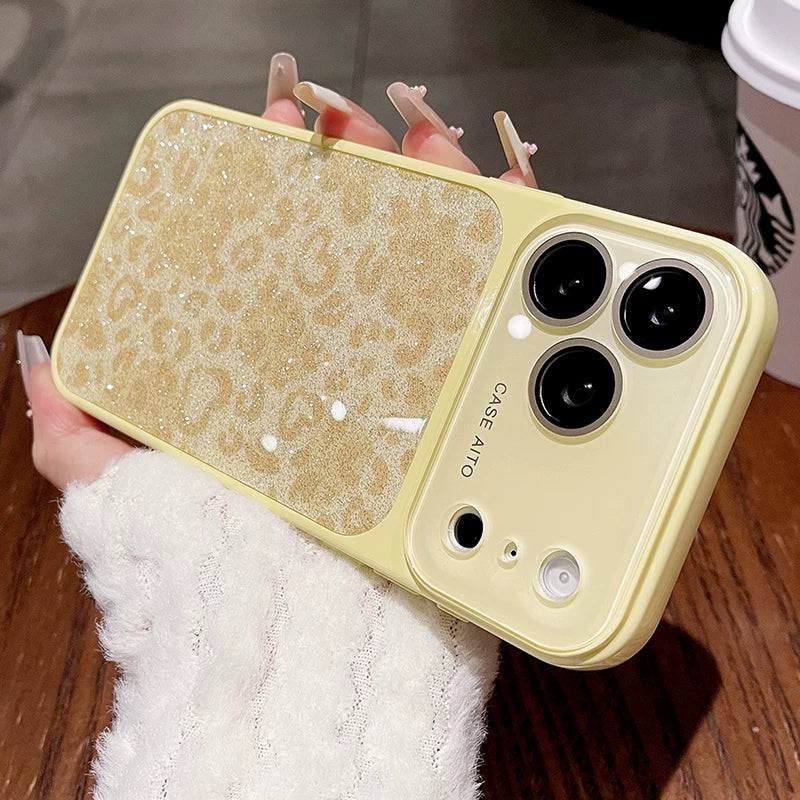 Glitter love leopard print for iPhone 17promax mobile phone case new iPhone16 seconds change 17pro large window lens film all-inclusive 15pro sweet cool women's shell Phone accessories