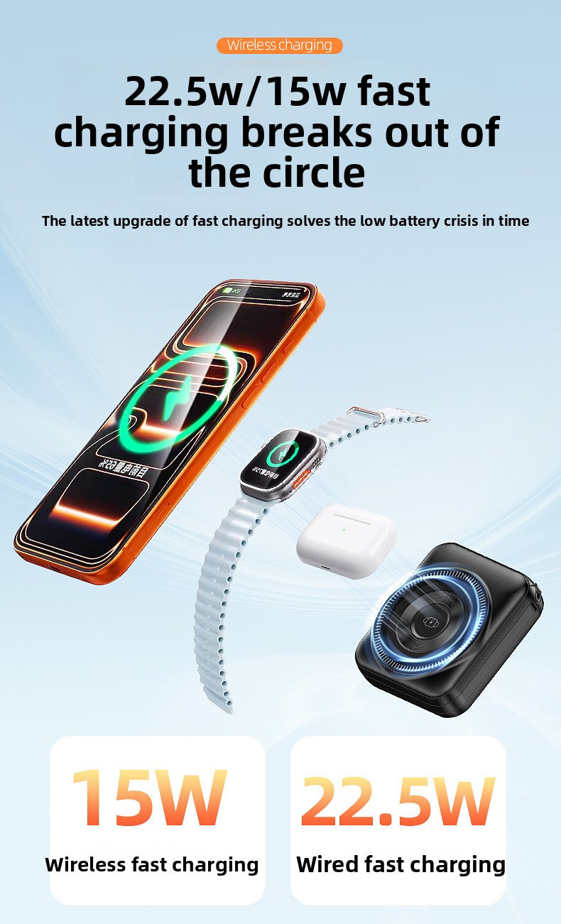3-in-1 fast charging mobile power supply for mobile phones, earphones, watches, 10,000 mAh with cable, magnetic power bank.