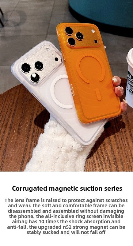Corrugated matte magnetic suction for iPhone 17promax mobile phone case New iPhone16 four-corner airbag anti-drop protection 17pro strong magnetic adsorption matte texture women's case Phone accessories