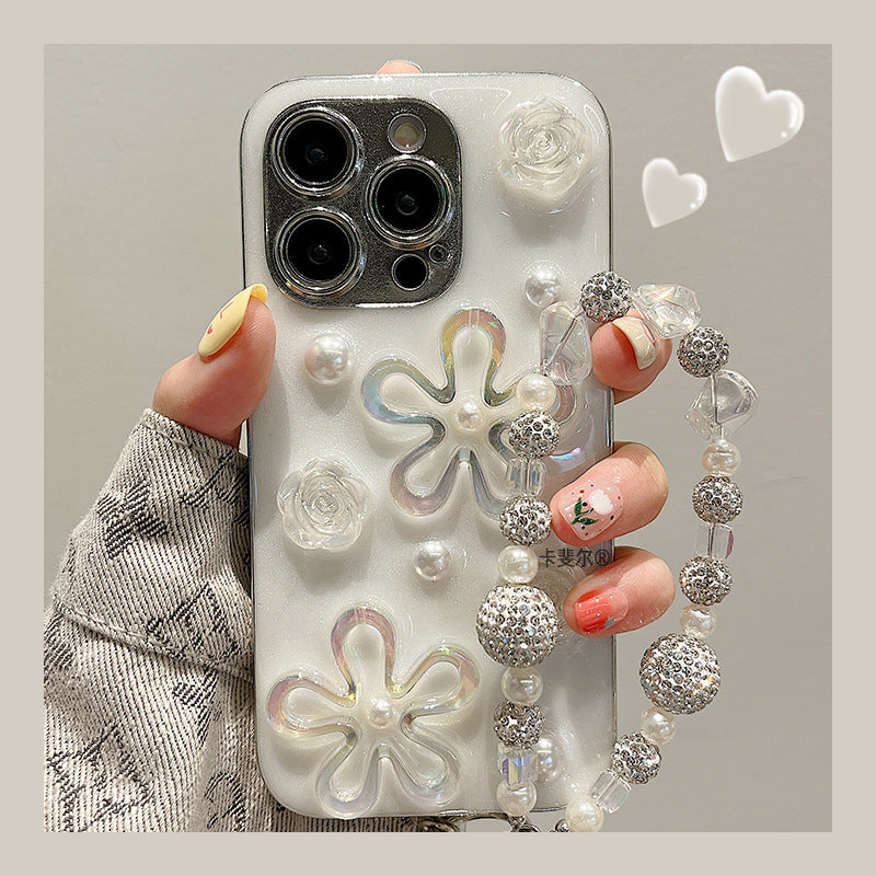 Accessories for cream Epoxy three-dimensional pearl flower bracelet iphone14pro max mobile phone case Apple 15 new model