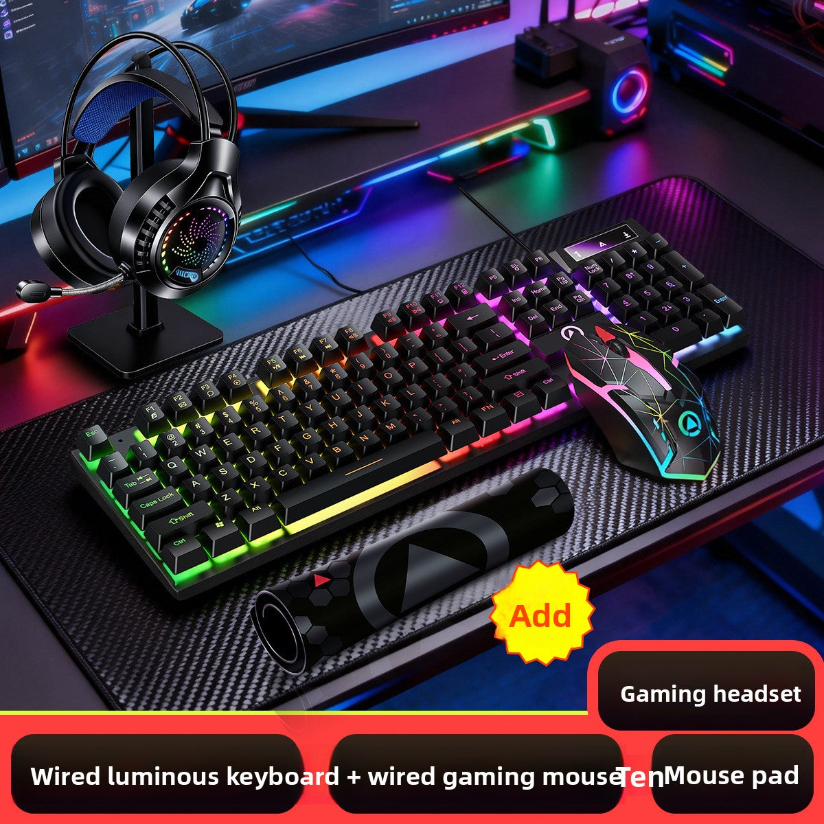 Silver Carving KMS00 Luminous Keyboard Mouse Headset Three or four-piece set USB wired game mechanical feel computer pad