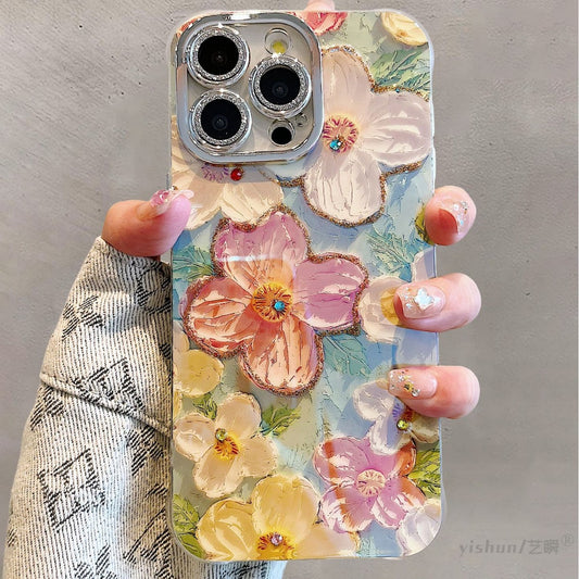 Accessories for Apple 15ProMax mobile phone case iPhone14 Hyunya wind blue light point diamond oil painting flower 12 glitter mirror