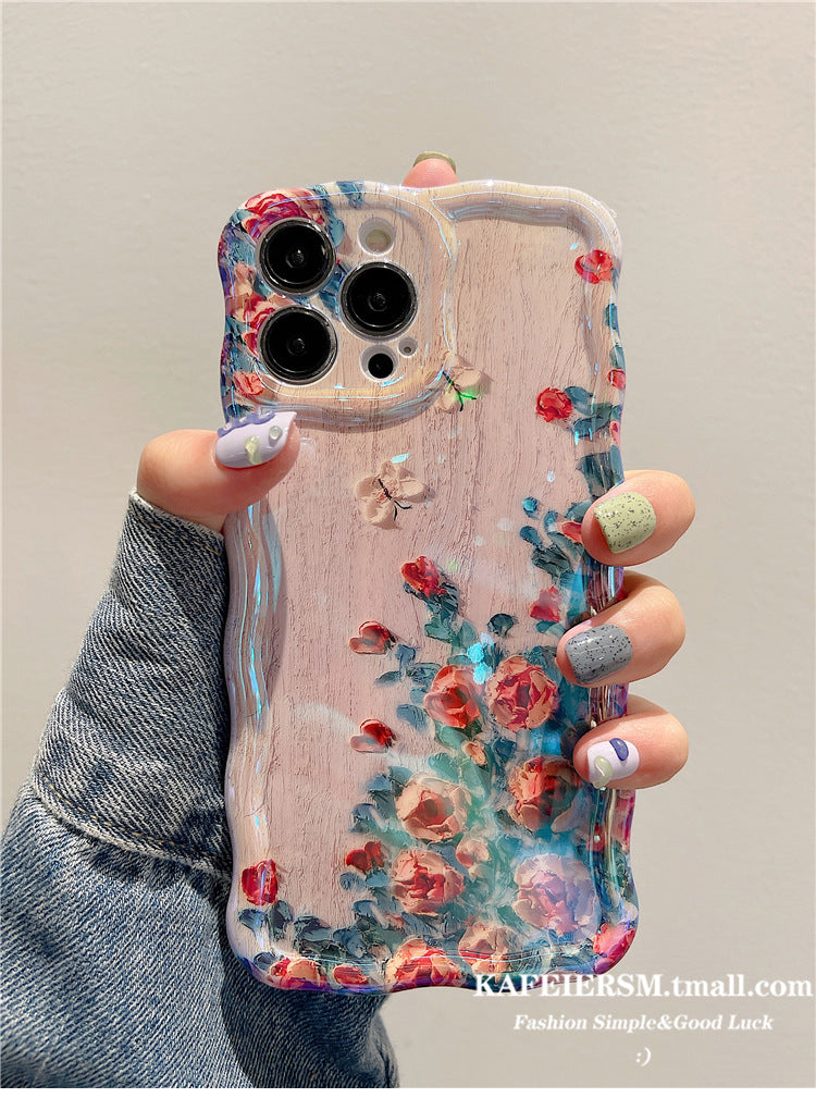 Accessories for high-end art oil painting flower 15promax mobile phone case Apple 14 female 12pro silicone 11 anti-drop