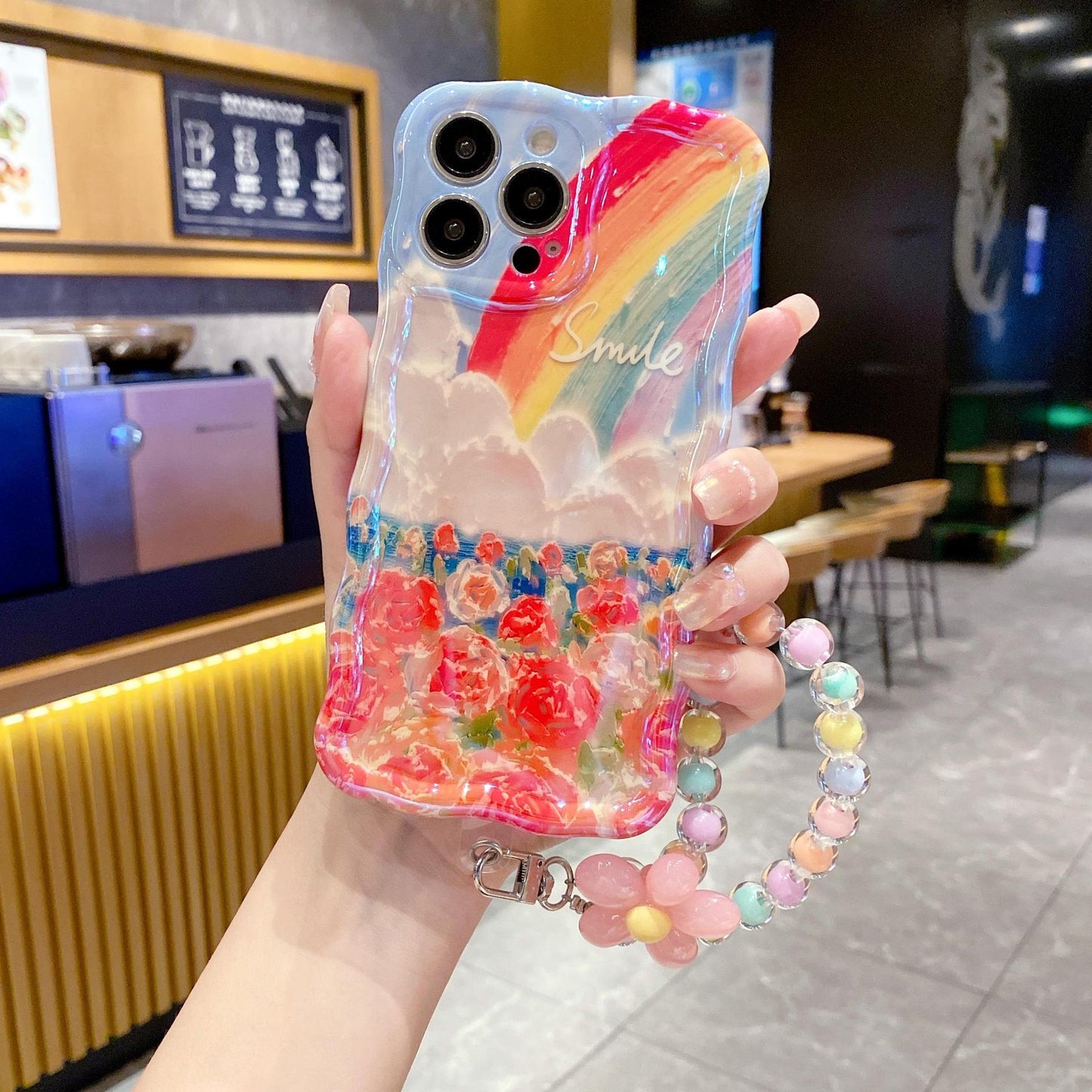 Accessories [Apple] iPhone14/13/12promax anti-drop blue light rainbow flower hand beads women's new mobile phone case