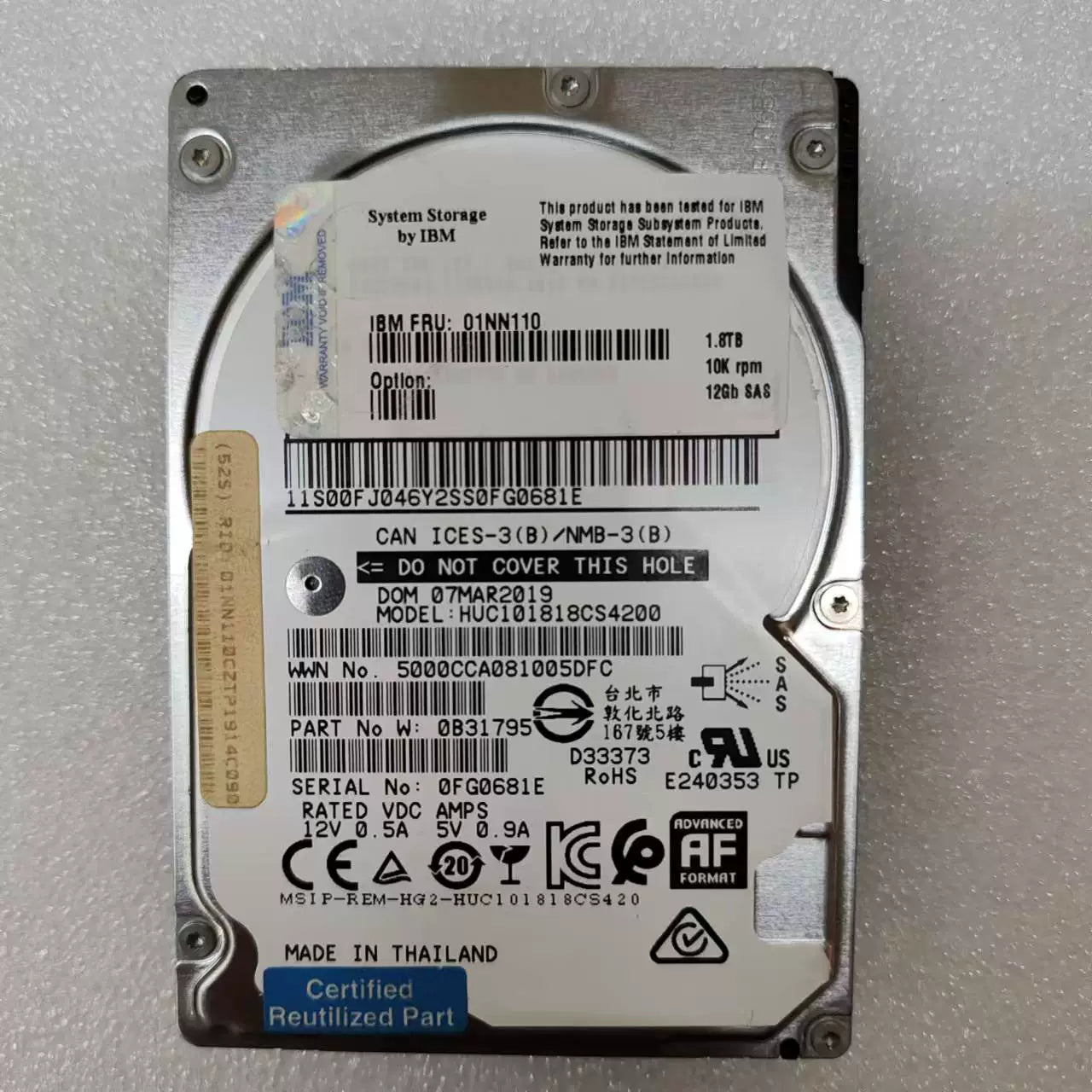 New IBM 01NN110 01NN124 1.8T 10K 2.5 12GB V7000 Storage Hard Disk Servicer